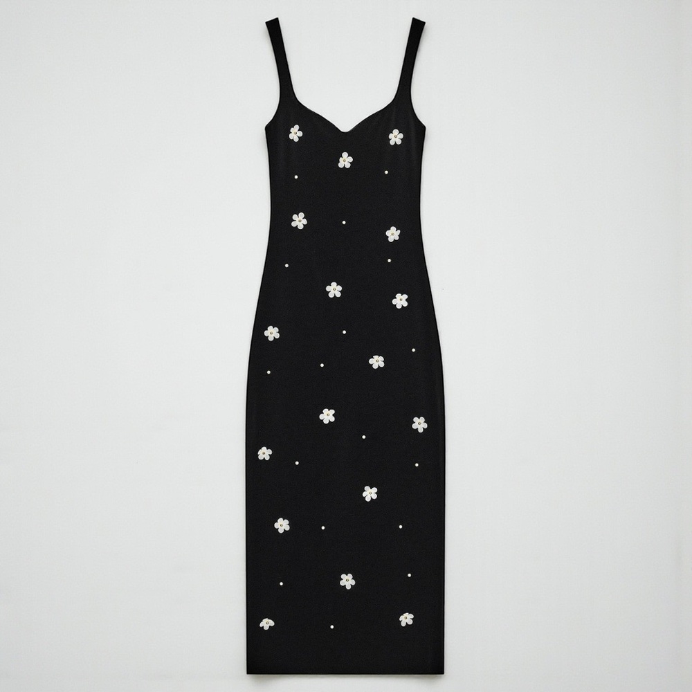 Zara Black Daisy Appliqué Midi Dress Floral Embellished Bodycon Size S NWT